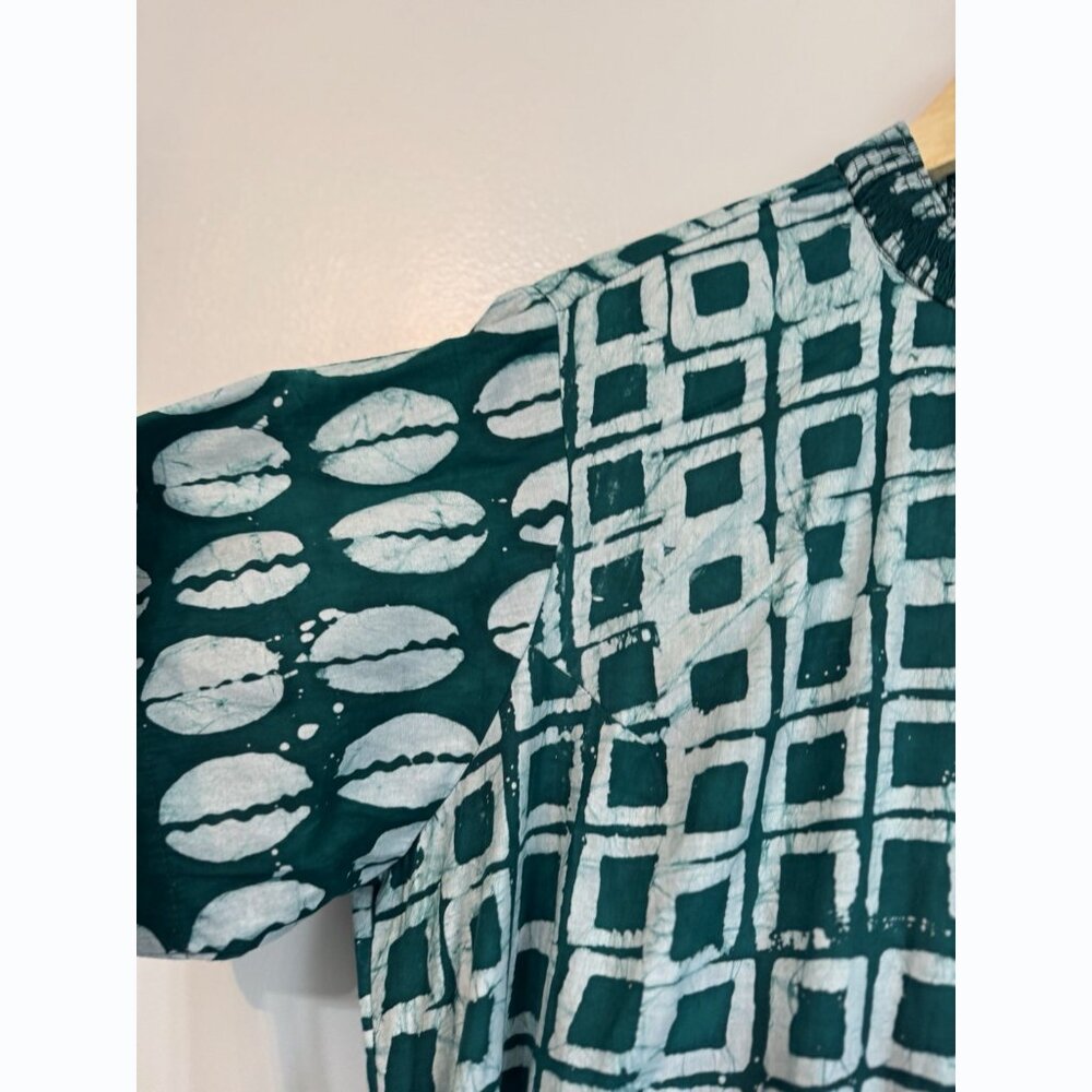 Zanaani Toyin Geometric Print Maxi Dress Sz Large Teal Green Mock Neck Pockets - Picture 8 of 14